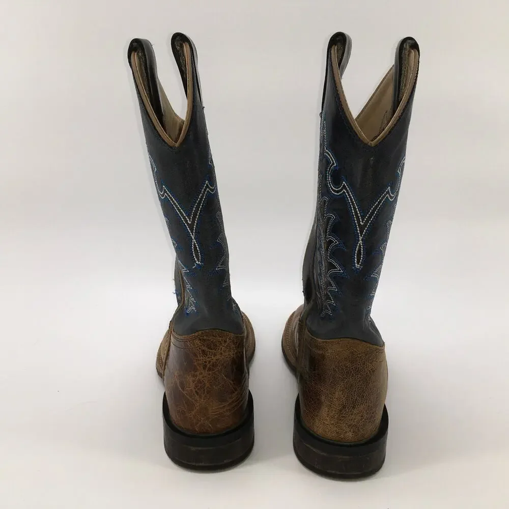 Old West Youth 3.5 D Blue Brown Square Toe Western Boots Cowboy Six-Row Stitch